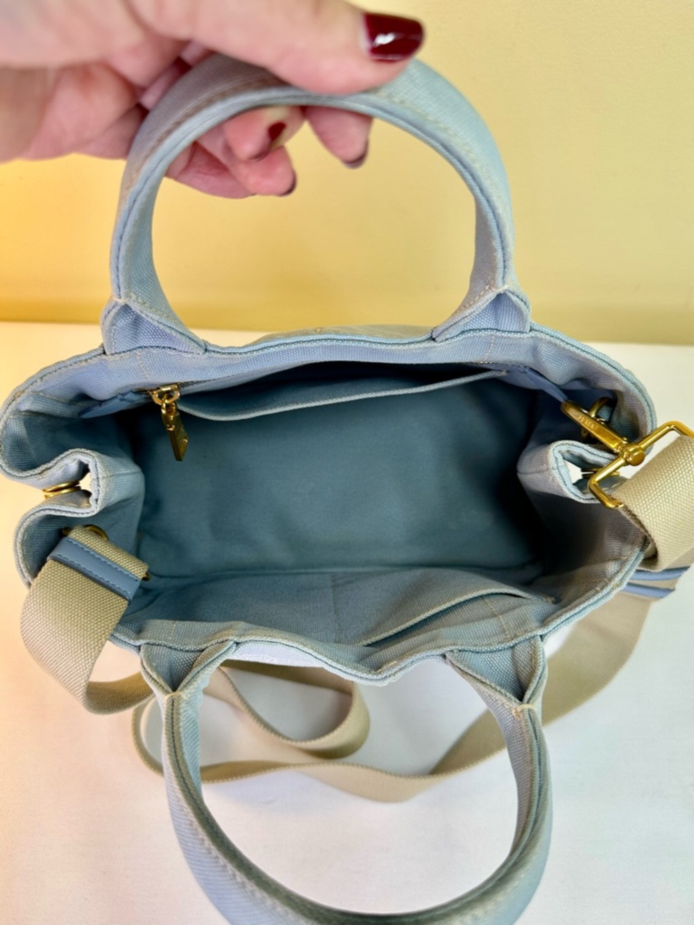 Prada Canapa Logo Canvas satchel Light blue Original Adj. Strap COA - Picture 14 of 17